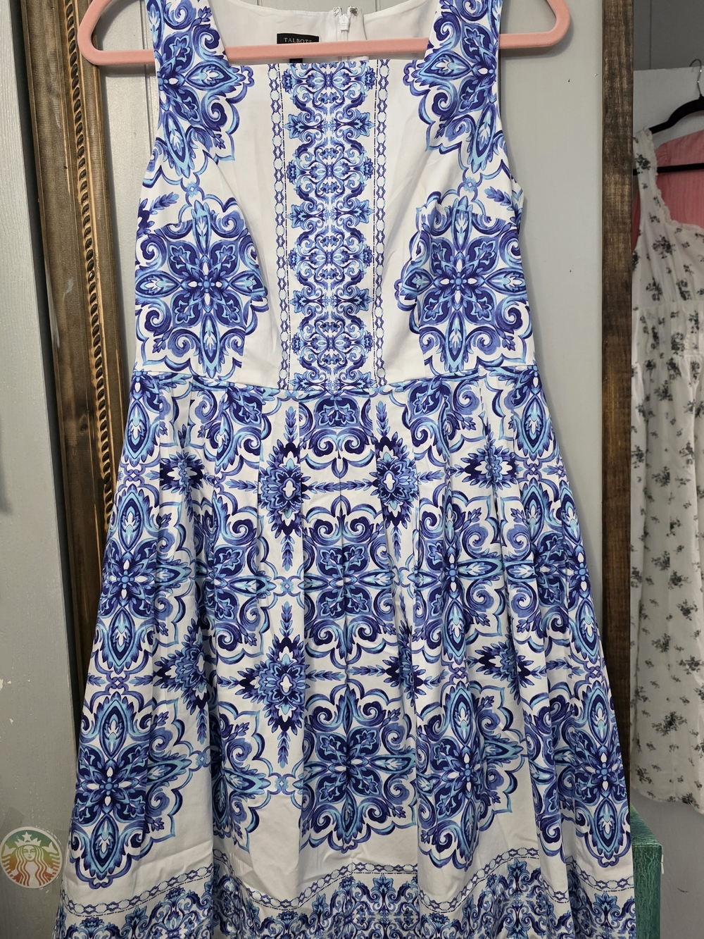 Talbots White Dress with Blue Tile Motif